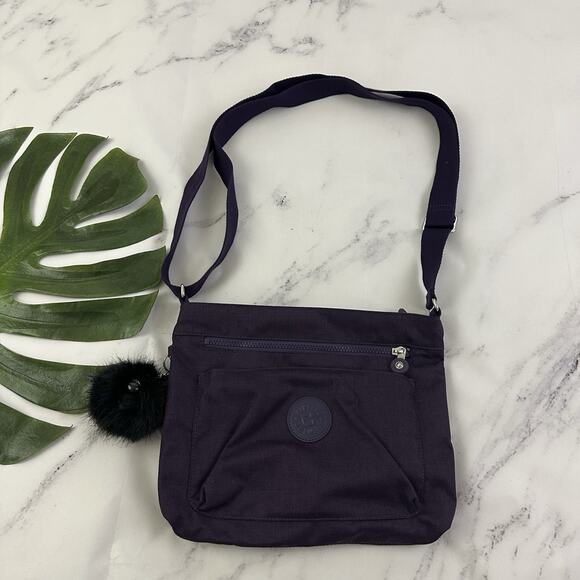 Kipling Lightweight Cross Body Purse Bag Dark Purple Square Pom Pom Charm - Picture 1 of 9